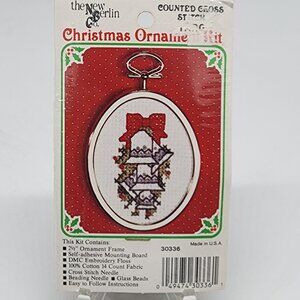 Mini Counted Cross Stitch Kit Christmas Ornament Bells With Oval Frame 2.5"